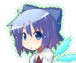 Rule 34 | 1girl, blue bow, blue eyes, blue hair, blush, bow, cirno, hair bow, looking at viewer, miiyon, open mouth, red ribbon, ribbon, solo, touhou, wings