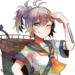 Rule 34 | 10s, 1girl, antenna hair, aoba (kancolle), arm up, ascot, bad id, bad twitter id, blouse, blue eyes, blush, closed mouth, collarbone, eyebrows, hair between eyes, hair ornament, hair scrunchie, itomugi-kun, kantai collection, looking at viewer, multicolored eyes, neckerchief, one eye closed, ponytail, purple hair, salute, school uniform, scrunchie, serafuku, shirt, short hair, short sleeves, simple background, smile, solo, star (symbol), upper body, white background