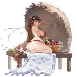 Rule 34 | 1girl, ass, bare legs, barefoot, basket, blue eyes, bottle, breasts, brown hair, butt crack, carpet, daphne (last origin), female focus, food, from side, fruit, full body, game cg, hair ornament, highres, huge ass, huge breasts, large breasts, last origin, long hair, looking at viewer, looking back, low-tied long hair, official art, on table, one-piece swimsuit, red one-piece swimsuit, rorobomb, seashell, shell, shiny skin, sideboob, sitting, smile, solo, swimsuit, table, tachi-e, thick thighs, thighs, transparent background, umbrella, very long hair, wine bottle