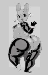 Rule 34 | 1boy, :d, animal crossing, ass, bow, bowtie, bulge, datmofo4, detached collar, eyebrows, eyebrows hidden by hair, eyelashes, from behind, furry, greyscale, happy, heart pasties, highres, huge ass, looking at viewer, looking back, male focus, meme attire, monochrome, nintendo, open mouth, pasties, plump, puffy chest, rabbit ears, rabbit tail, reverse bunnysuit, reverse outfit, sasha (animal crossing), simple background, smile, sparkle, standing, standing on one leg, thick thighs, thighhighs, thighs, thong, trap, wide hips, wrist cuffs