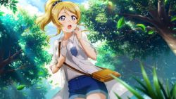 Rule 34 | 1girl, artist request, ayase eli, bag, blonde hair, blue eyes, blue pants, blue scrunchie, blue sky, blush, bracelet, breasts, cardigan, carrying bag, carrying over shoulder, cloud, collarbone, collared jacket, day, female focus, grey shirt, hair between eyes, hair ornament, hair scrunchie, jacket, jewelry, long hair, looking at viewer, love live!, love live! school idol festival, love live! school idol festival all stars, love live! school idol project, outdoors, pants, parted lips, ponytail, scrunchie, shirt, sky, small breasts, smile, solo, white cardigan, white jacket