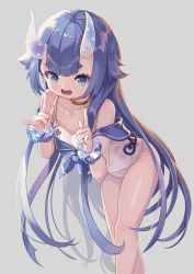 Rule 34 | 1girl, :d, \m/, azur lane, blue eyes, blue hair, blush, choker, highres, horns, i-13 (azur lane), leaning forward, long hair, looking at viewer, off shoulder, one-piece swimsuit, open mouth, pondel, sailor collar, scrunchie, short eyebrows, simple background, smile, solo, standing, star (symbol), swimsuit, teeth, thick eyebrows, upper teeth only, very long hair, white one-piece swimsuit, wrist scrunchie