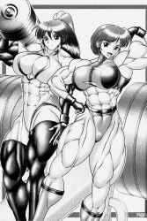 Rule 34 | 2girls, absurdres, biceps, breasts, dumbbell, extreme muscles, female focus, fingerless gloves, flexing, gloves, highres, large breasts, long hair, monochrome, multiple girls, muscular, ponytail, ren (tainca2000), smile, thick thighs, thighs