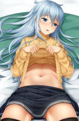 Rule 34 | 10s, 1girl, absurdres, alternate costume, bed sheet, black thighhighs, blue eyes, clothes lift, cowboy shot, hibiki (kancolle), highres, kantai collection, lips, long hair, looking to the side, lying, miniskirt, navel, on back, parted lips, pleated skirt, ribbed sweater, shirt lift, shokora momiji, silver hair, skirt, solo, stomach, sweater, sweater lift, thighhighs, thighs, turtleneck, turtleneck sweater