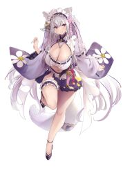 Rule 34 | 1girl, :&gt;, absurdres, animal ear fluff, animal ears, belt, breasts, chest belt, cleavage, closed mouth, dog girl, floral print, flower, frills, full body, grey hair, hair flower, hair ornament, hairband, headdress, highres, indie virtual youtuber, japanese clothes, katana, kimono, large breasts, long hair, long sleeves, looking at viewer, maid, maid headdress, miyako miyuri, mole, mole on thigh, mole under eye, nail polish, navel, purple eyes, purple footwear, purple skirt, sheath, simple background, skirt, smile, solo, standing, standing on one leg, stomach, sword, tail, tail ornament, thigh strap, thighs, thomasz, twintails, very long hair, virtual youtuber, weapon, white background, wide sleeves