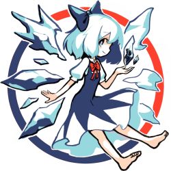 Rule 34 | 1girl, barefoot, blue eyes, blue hair, bow, bowtie, cirno, dress, frozen frog, full body, hair bow, ice, ice wings, looking at viewer, matching hair/eyes, puffy short sleeves, puffy sleeves, rae (hexedwithluck), short sleeves, solo, touhou, white background, wings