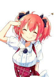 Rule 34 | 1girl, ^ ^, ahoge, asanagi kurumi (panda-doufu), bow, closed eyes, dojikko pose, closed eyes, hair bow, hand on own head, hasegawa urumi, kaitori oukoku, maid, mascot, original, pink hair, short hair, short sleeves, smile, solo, star (symbol), tongue, tongue out, two side up, underbust, white background