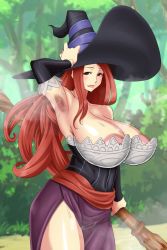 Rule 34 | 1girl, areola slip, arm at side, arm up, armpit hair, armpits, artist request, bare shoulders, black sleeves, blush, breasts, brown eyes, bush, cleavage, closed mouth, detached sleeves, dragon&#039;s crown, dress, eyebrows, female focus, frilled sleeves, frills, hand on headwear, hat, highres, holding, holding staff, huge breasts, large areolae, lips, long hair, looking at viewer, outdoors, red hair, smile, solo, sorceress (dragon&#039;s crown), staff, standing, steam, steaming body, strapless, strapless dress, sweat, tree, witch hat
