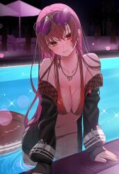 Rule 34 | 1girl, arm support, bare shoulders, bikini, black jacket, breasts, cleavage, collarbone, commentary request, earrings, eyewear on head, heart, heart-shaped eyewear, heart earrings, heart pendant, heterochromia, highres, hololive, houshou marine, houshou marine (summer), jacket, jewelry, large breasts, leaning forward, long hair, navel, night, off shoulder, partially submerged, pool, purple-tinted eyewear, red bikini, red eyes, red hair, solo, swim ring, swimsuit, takeno omoti, tinted eyewear, virtual youtuber, yellow eyes