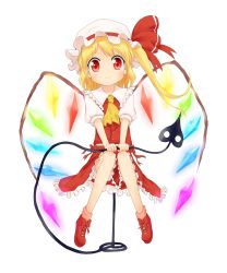 Rule 34 | 1girl, absurdres, blonde hair, female focus, flandre scarlet, hair ribbon, hands on own knees, hat, highres, orange-pengin, red eyes, ribbon, side ponytail, sitting, solo, thighhighs pull, touhou, transparent background, wings