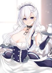 Rule 34 | 1girl, absurdres, apron, arm up, azur lane, belfast (azur lane), blue dress, blush, braid, breasts, chain, cleavage, closed mouth, collar, collarbone, dress, french braid, frilled apron, frilled gloves, frilled skirt, frills, gloves, hair between eyes, hair ornament, highres, karla (kimidori3), large breasts, lifted by self, long hair, looking at viewer, maid, maid apron, maid headdress, purple eyes, skirt, smile, solo, tray, white apron, white gloves, white hair