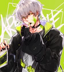 Rule 34 | 1boy, arene (arknights), arknights, bishounen, choker, czicc-cz1532, ear piercing, english text, fingerless gloves, gloves, green background, green eyes, grey hair, hand up, highres, jacket, looking at viewer, male focus, nail polish, official alternate costume, piercing, short hair, simple background, solo