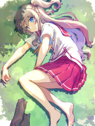 Rule 34 | 1girl, akayama yukihe, barefoot, blue eyes, blush, charlotte (anime), closed mouth, commentary, dappled sunlight, day, feet, foot out of frame, from above, grey hair, hair between eyes, highres, hoshinoumi academy school uniform, light frown, long hair, looking at viewer, lying, miniskirt, on grass, on side, outdoors, pleated skirt, red sailor collar, red skirt, sailor collar, school uniform, serafuku, shirt, short sleeves, skirt, soles, solo, summer uniform, sunlight, tomori nao, two side up, unworn socks, very long hair, wavy hair, white shirt