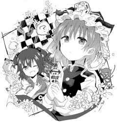 Rule 34 | 2girls, :/, ;d, ?, bad id, bad twitter id, blush, closed mouth, coin, fang, flower, greyscale, hair between eyes, hair bobbles, hair ornament, hat, holding, long sleeves, looking at viewer, monochrome, multiple girls, ok sign, one eye closed, onozuka komachi, open mouth, rod of remorse, scythe, shiki eiki, short hair, short sleeves, smile, spoken question mark, star (symbol), to-den (v-rinmiku), touhou, two side up, upper body