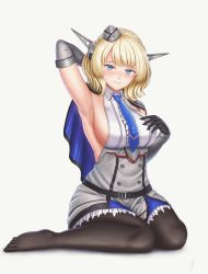 Rule 34 | 1girl, absurdres, arm up, armpits, black pantyhose, blonde hair, blue eyes, blue necktie, blush, braid, breasts, capelet, colorado (kancolle), commentary, durian12, elbow gloves, english commentary, feet, full body, garrison cap, gloves, grey gloves, grey hat, hat, headgear, highres, kantai collection, large breasts, looking at viewer, necktie, no shoes, pantyhose, short hair, sideboob, simple background, sitting, sleeveless, smile, solo, toes, wariza, white background