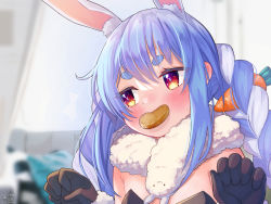 Rule 34 | 1girl, animal ear fluff, animal ears, black gloves, black leotard, blue hair, blurry, blurry background, blush, braid, carrot hair ornament, closed mouth, depth of field, don-chan (usada pekora), food-themed hair ornament, food in mouth, gloves, hair between eyes, hair ornament, hands up, highres, hololive, leotard, long hair, looking away, looking to the side, magowasabi, mouth hold, rabbit-shaped pupils, rabbit ears, red eyes, short eyebrows, signature, strapless, strapless leotard, sweat, symbol-shaped pupils, thick eyebrows, twin braids, twintails, twitter username, upper body, usada pekora, usada pekora (1st costume), virtual youtuber, white hair