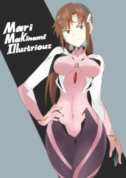 Rule 34 | 10s, 1girl, bad id, bad pixiv id, blue eyes, brown hair, character name, contrapposto, covered navel, english text, evangelion: 3.0 you can (not) redo, eyewear on head, glasses, hairband, highres, hip focus, long hair, makinami mari illustrious, neon genesis evangelion, plugsuit, rebuild of evangelion, shigino sohuzi, solo, standing, twintails