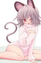 Rule 34 | 1girl, animal ears, arm support, cleavage cutout, clothing cutout, grey hair, highres, ishikkoro, looking at viewer, meme attire, mouse ears, mouse tail, naughty face, nazrin, one eye closed, open-chest sweater, red eyes, short hair, sitting, smile, solo, sweater, tail, tongue, tongue out, touhou, wariza