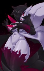 Rule 34 | 1girl, absurdres, alternate color, alternate shiny pokemon, artist name, black gloves, black hair, black skin, breasts, cleft of venus, colored skin, creatures (company), eyeshadow, faejunkie, female focus, game freak, gardevoir, gen 3 pokemon, gloves, gradient background, groin, hair over one eye, half-closed eyes, hands up, highres, large breasts, looking at viewer, makeup, multicolored skin, navel, nintendo, nipples, one eye covered, open mouth, outline, pokemon, pokemon (creature), purple eyeshadow, purple thighhighs, pussy, red background, red eyes, red outline, sharp teeth, short hair, signature, simple background, solo, standing, stomach, teeth, thick thighs, thighhighs, thighs, transparent, two-tone skin, uncensored, white skin, wide hips