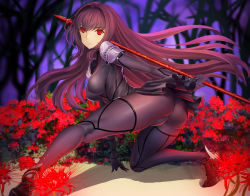 Rule 34 | 1girl, absurdres, armor, artist request, ass, bodysuit, boots, breasts, cameltoe, fate/grand order, fate (series), gae bolg (fate), gloves, highres, large breasts, long hair, looking at viewer, pantyhose, polearm, purple hair, red eyes, scathach (fate), scathach (fate), sideboob, solo, spear, squatting, very long hair, weapon