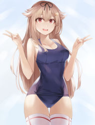 Rule 34 | 1girl, :d, absurdres, backlighting, bare arms, bare shoulders, beisaku bei, blue background, blue one-piece swimsuit, breasts, brown hair, cleavage, competition swimsuit, cowboy shot, double v, hair between eyes, hair ornament, hairclip, hands up, highres, kantai collection, large breasts, long hair, looking at viewer, one-piece swimsuit, open mouth, red eyes, school swimsuit, skindentation, smile, swimsuit, thighhighs, thighs, v, white background, white thighhighs, yuudachi (kancolle)