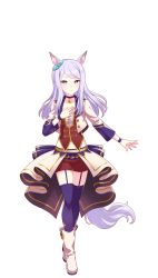 Rule 34 | 1girl, animal ears, collarbone, highres, horse ears, horse girl, horse tail, long hair, looking at viewer, mejiro mcqueen (umamusume), midriff, navel, official alternate costume, official art, purple eyes, purple hair, shoes, shorts, solo, starting future (umamusume), tail, thighhighs, transparent background, umamusume