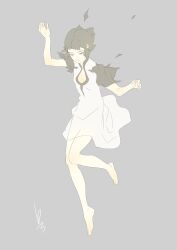 Rule 34 | 1girl, 5 gamedev, absurdres, barefoot, black hair, closed mouth, dress, full body, highres, ico, short hair, simple background, solo, white dress, yorda