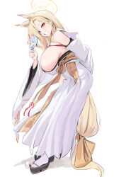 Rule 34 | 1girl, absurdly long hair, absurdres, animal ears, arm behind back, bare shoulders, blonde hair, blue archive, blush, breasts, chela77, chise (blue archive), commentary request, detached sleeves, eyeliner, from side, full body, halo, highres, holding, japanese clothes, kaho (blue archive), large breasts, long hair, long sleeves, looking at viewer, looking to the side, makeup, mole, mole under mouth, open mouth, sideboob, simple background, smile, socks, solo, thick eyebrows, very long hair, white background, white socks, wide sleeves, yellow eyes