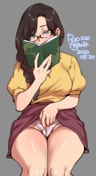 Rule 34 | 1girl, 2020, agawa ryou, artist name, black-framed eyewear, black hair, book, braid, breasts, commentary, dated, female masturbation, glasses, grey background, large breasts, masturbation, masturbation through clothes, original, signature, simple background, solo, thick thighs, thighs