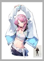 Rule 34 | 1girl, arknights, arms up, blue eyes, blue poison (arknights), blue poison (shoal beat) (arknights), border, braid, breasts, cleavage, closed mouth, dadijiji, forehead, hair between eyes, head tilt, highres, jacket, long sleeves, looking at viewer, medium hair, official alternate costume, pants, photo-referenced, photo inset, pink hair, simple background, solo, sports bra, sweatpants, twin braids, white background, white jacket