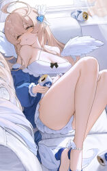 Rule 34 | 1girl, absurdres, ahoge, bare shoulders, blue footwear, blush, breasts, can, cleavage, commentary request, commission, couch, criss-cross halter, crossed ankles, drunk, feathered wings, gradient hair, hair ornament, half-closed eyes, halterneck, heart, heart hair ornament, high heels, highres, holding, holding can, huge ahoge, l ract, light brown hair, long hair, looking at viewer, low-tied long hair, lying, multicolored hair, off shoulder, on back, on couch, original, panties, parted lips, pumps, solo, underwear, very long hair, white panties, white wings, wings