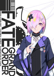 Rule 34 | 1girl, absurdres, alternate costume, black jacket, character name, closed mouth, commentary request, copyright name, eyebrows hidden by hair, fate/grand order, fate (series), hair ornament, hair over one eye, highres, jacket, long sleeves, looking at viewer, mash kyrielight, pink hair, purple eyes, shirt, sleeves past wrists, smile, solo, upper body, v, white background, white shirt, yuuta (yuuta0312)