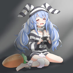 Rule 34 | 1girl, animal ears, bare shoulders, barefoot, blue hair, blush, breasts, carrot-shaped pillow, chain, closed eyes, commentary, controller, cuffs, felutiahime, gradient background, grey background, hat, highres, holding, holding controller, hololive, long hair, long sleeves, off shoulder, open mouth, pin, prison clothes, rabbit ears, shackles, shirt, sitting, small breasts, solo, striped clothes, striped headwear, striped shirt, tears, usada pekora, usada pekora (prisoner), very long hair, virtual youtuber, wariza
