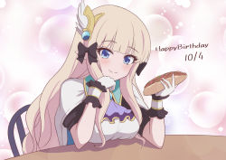 Rule 34 | 1girl, black bow, blonde hair, blue eyes, blunt bangs, blush, bow, breast rest, breasts, breasts on table, elf, hair bow, hair ornament, katsuragi (katukone), long hair, looking at viewer, pointy ears, princess connect!, saren (princess connect!), smile, solo, split mouth