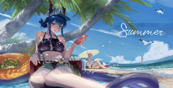 Rule 34 | 1s44c, 2girls, absurdres, arknights, bare shoulders, beach, beach umbrella, bird, black panties, blue hair, blue sky, blue tank top, blush, bottle, breasts, ch&#039;en (arknights), ch'en (arknights), cooler, day, dragon horns, dragon tail, female tourist c (arknights), from side, hat, highres, holding, holding bottle, horns, horns through headwear, huge filesize, large breasts, lighthouse, long hair, looking at viewer, lotion, medium breasts, multiple girls, navel, ocean, official alternate costume, open mouth, outdoors, palm tree, panties, purple eyes, red eyes, sand, shore, short shorts, shorts, sidelocks, silver hair, sitting, skadi (arknights), skadi (waverider) (arknights), sky, stomach, summer, sunscreen, tail, tank top, thighs, tree, umbrella, underwear, water