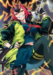 Rule 34 | 1girl, breasts, clenched teeth, delinquent, duel monster, ear piercing, holding, holding sword, holding weapon, horns, jacket, large breasts, midriff peek, multicolored hair, piercing, pointy ears, red eyes, red hair, ringo ringogoo, school uniform, sharp teeth, skirt, solo, sukeban, sword, teeth, weapon, yellow jacket, you&#039;re finished (yu-gi-oh!), yu-gi-oh!