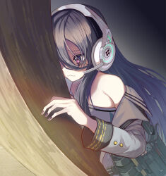 Rule 34 | 1girl, bags under eyes, bare shoulders, belt, black hair, black nails, closed mouth, exia (nikke), female focus, frown, goddess of victory: nikke, grey jacket, grey shirt, gun, hair between eyes, headphones, headset, highres, holster, jacket, knife, long hair, long sleeves, off shoulder, open clothes, open jacket, peeking out, purple eyes, shirt, solo, syope, wavy mouth, weapon