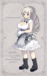 Rule 34 | 1girl, armpit cutout, black footwear, breasts, brown eyes, character name, cleavage, cleavage cutout, clothing cutout, conte di cavour (kancolle), conte di cavour nuovo (kancolle), dress, frilled dress, frills, full body, gloves, grey dress, grey hair, highres, italian text, kantai collection, large breasts, long hair, looking at viewer, oso (toolate), solo, steepled fingers, two-tone dress, two side up, white dress, white gloves