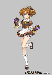 Rule 34 | 1girl, alternate costume, black footwear, bow, brown bow, brown hair, copyright name, floral print, full body, gauntlets, grey background, hair bow, looking at viewer, maid, official art, pota (bluegutty), purple eyes, reki connect, short hair, short sleeves, simple background, smile, solo, standing, standing on one leg, tachi-e, watermark, white legwear