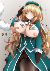 Rule 34 | 1boy, 1girl, admiral (kancolle), atago (kancolle), beret, black gloves, black pantyhose, blonde hair, blue eyes, blue headwear, blush, breast hold, breasts, breasts out, embarrassed, gloves, green eyes, hair between eyes, hat, highres, kantai collection, large breasts, long hair, looking at viewer, military, military uniform, naval uniform, nipples, out of frame, pantyhose, pulumelo, salute, skirt, smile, uniform, white background