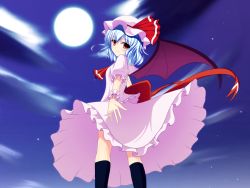 Rule 34 | 1girl, ascot, bat wings, black socks, blouse, blue background, blue hair, bow, cloud, dress, facing away, frilled dress, frilled shirt, frilled skirt, frills, full moon, hat, hat bow, highres, junior27016, kneehighs, large bow, looking at viewer, looking back, mob cap, moon, moonlight, outstretched hand, pink dress, pink shirt, puffy sleeves, red eyes, remilia scarlet, ribbon, shirt, short sleeves, skirt, skirt set, sky, smile, socks, solo, standing, star (sky), touhou, wings, wrist cuffs, wristband