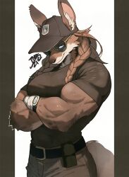 Rule 34 | 1girl, absurdres, animal ears, baseball cap, belt, biceps, furry, furry female, hat, highres, logo, looking at viewer, muscular, muscular female, original, pouch, shirt, signature, smile, solo, sunglasses, tail, tight clothes, tight shirt, tomochiso, watch, white background, wolf ears, wolf girl, wolf tail