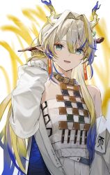 Rule 34 | 1girl, ark mmmm, arknights, bare shoulders, blonde hair, blue eyes, blue hair, coat, commentary, dragon girl, dragon horns, dragon tail, gradient hair, grey hair, hair between eyes, hair intakes, highres, horns, long hair, long sleeves, looking at viewer, multicolored hair, open mouth, pointy ears, shu (arknights), simple background, smile, solo, strapless, tail, tube top, upper body, white background, white coat, white tube top