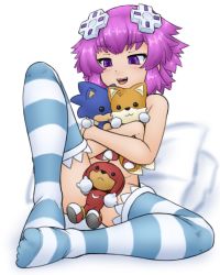 Rule 34 | 1girl, alloyrabbit, between thighs, blush, breasts, d-pad, d-pad hair ornament, female focus, full body, hair ornament, highres, hugging doll, hugging object, knuckles the echidna, looking at viewer, neptune (neptunia), neptune (series), nude, open mouth, purple eyes, purple hair, short hair, simple background, sitting, small breasts, smile, solo, sonic (series), sonic the hedgehog, striped clothes, striped thighhighs, stuffed toy, tails (sonic), thighhighs, white background