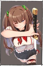 Rule 34 | .live, 1girl, bad id, bad pixiv id, black skirt, black thighhighs, blue eyes, blush, bow, breasts, bridal garter, brown hair, closed mouth, drawing sword, green bow, grey background, hair between eyes, hair bow, half-closed eye, highres, holding, holding sword, holding weapon, kakyouin chieri, katana, kei (soundcross), large breasts, long hair, looking at viewer, medium breasts, one eye closed, pleated skirt, puffy short sleeves, puffy sleeves, sheath, shirt, short sleeves, skindentation, skirt, solo, sword, thighhighs, two side up, unsheathing, very long hair, virtual youtuber, weapon, white shirt