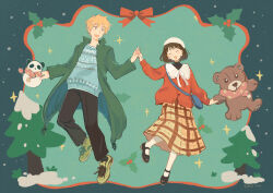 Rule 34 | 1boy, 1girl, aqua background, artist name, bag, beanie, black footwear, black hair, black pants, blonde hair, blue bag, blue sweater, bob cut, border, brown eyes, buttons, cardigan, christmas, christmas tree, closed eyes, coat, earrings, frilled shirt collar, frills, full body, green background, green coat, green footwear, hair ornament, hairclip, halftone, halftone background, hand up, happy, hat, height difference, high collar, holding hands, holly, iwakura mitsumi, jewelry, lapels, laughing, light blush, long skirt, looking at another, looking to the side, mary janes, messy hair, mittens, open clothes, open coat, open mouth, pants, pink mittens, pink scarf, plaid, plaid skirt, polka dot, polka dot scarf, pom pom (clothes), pom pom earrings, red border, red cardigan, red ribbon, ribbon, scarf, shima sousuke, shoes, short hair, shoulder bag, side-by-side, simple background, skip to loafer, skirt, smile, sneakers, snow, snowing, sparkle, standing, standing on one leg, stuffed animal, stuffed panda, stuffed toy, sunio0202, sweater, swept bangs, tareme, teddy bear, tree, two-tone background, white headwear, white ribbon, yellow skirt