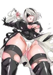 Rule 34 | 1girl, amayakan, black dress, black thighhighs, blindfold, blush, boots, breasts, cameltoe, cleft of venus, dress, feather-trimmed sleeves, gluteal fold, grey hair, hairband, holding, holding sword, holding weapon, mole, mole under mouth, nier (series), nier:automata, nipples, parted lips, partially visible vulva, short hair, simple background, solo, sword, thigh boots, thighhighs, torn clothes, torn dress, torn thighhighs, uncensored, weapon, wedgie, white background, 2b (nier:automata)
