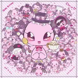 1boy 2015 6+girls :3 ? alternate_costume berry_(sanrio) cherry_(sanrio) chibi chibi_only colored_skin commentary_request creature cup dated demon_tail demon_wings espresso_(cinnamoroll) eyepatch fuwa_fuwa_cinnamoroll happy_birthday hat head_wings heart hiyoko_at holding holding_cup holding_spoon in_container in_cup lloromannic multiple_girls multiple_persona nurse open_mouth pink_eyes pink_skin pink_theme ribbon sanrio signature sitting smile solo_focus spoon tail teacup top_hat wings