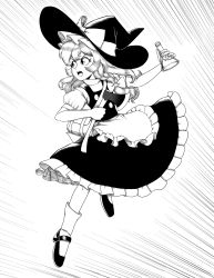 Rule 34 | 1girl, apron, axe, black footwear, black skirt, black vest, bow, buttons, erlenmeyer flask, flask, frilled apron, frilled hat, frilled skirt, frills, giantcavemushroom, greyscale, hat, hat bow, highres, holding, holding axe, kirisame marisa, mary janes, monochrome, open mouth, puffy short sleeves, puffy sleeves, shirt, shoes, short sleeves, skirt, socks, teeth, touhou, turtleneck, upper teeth only, vest, waist apron, white apron, white shirt, witch, witch hat