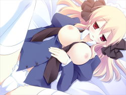 Rule 34 | 1girl, bed sheet, blonde hair, blush, breasts, breasts out, female focus, game cg, hair ornament, hand on own stomach, jitome, long hair, long sleeves, necktie, nipples, on bed, open clothes, open mouth, panties, puffy sleeves, red eyes, shiny skin, shirt, solo, spread legs, striped, thighhighs, underwear, white panties, white thighhighs